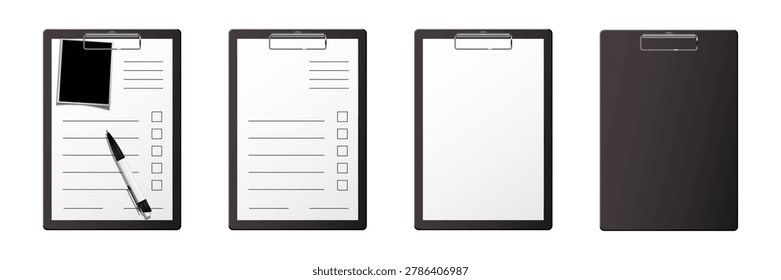 Clipboard mockup template set. Clipboard boards, white paper sheets, clips, checkbox lines for business documentation, office tasks, and project planning. Realistic vector illustration.
