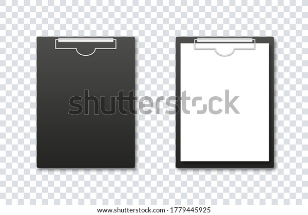 Clipboard mockup. Vector isolated illustration. Office\
folder. Notepad information board realistic design vector\
illustration. Realistic notebook template with paper and without.\
Stock vector. EPS 10