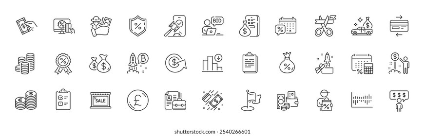 Clipboard, Money and Annual tax line icons. Pack of Fraud, Column diagram, Discounts calendar icon. Cut ribbon, Bitcoin project, Discount medal pictogram. Vacancy, Payment, Auction. Line icons. Vector