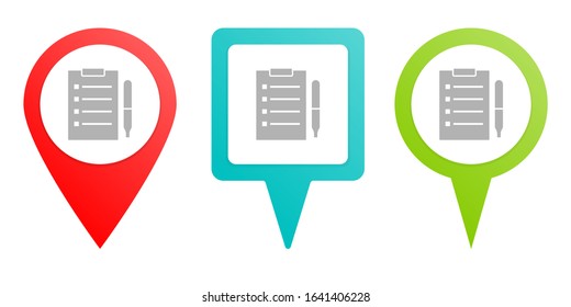 Clipboard. Multicolor pin vector icon, diferent type map and navigation point.