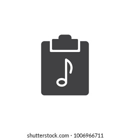 Clipboard and music note icon vector, filled flat sign, solid pictogram isolated on white. Media file symbol, logo illustration.