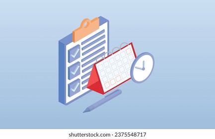 Clipboard next to calendar and clock.on blue background.3D design.isometric vector design Illustration.