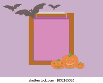 Clipboard Note and purple paper with Jack O Lantern and black bat   theme halloween vector