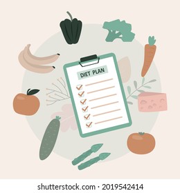 Clipboard with nutrition plan, exercise schedule. Healthcare and dietetics concept. Various fresh vegetables and fruits. Checklist with marked affairs. Diet planning. Trendy flat vector illustration