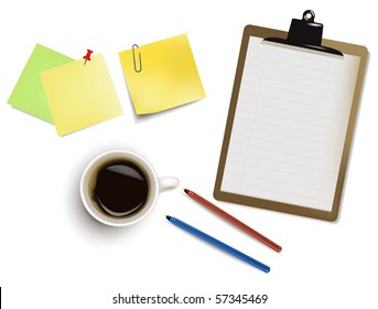 clipboard, office paper, pens and a cup of coffee. Photo-realistic vector.