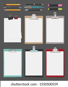 Clipboard. Office supplies blank sheet notes on tablet vector clipboard realistic collection