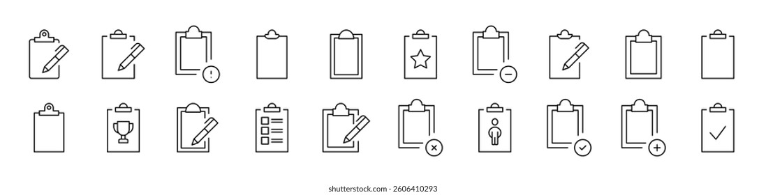 Clipboard Outline Sign Collection. Editable Stroke. Perfect for Infographics, Articles, Books, Flyers, Banners