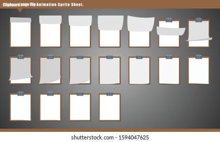 Clipboard Page Flip Animation Sprite Sheet. Page Flip Animation Frame, Clipboard Vector Illustration.