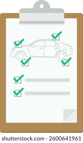 Clipboard with a page hanging with a car silhouette with validated checkpoints of a technical inspection in flat design style (cut out)
