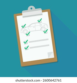 Clipboard with a page hanging with a car silhouette with validated checkpoints of a technical inspection in flat design style with long shadow on blue background