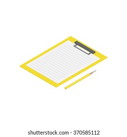 Clipboard paper checklist and pencil with 3D style on isolated background, yellow color, vector illustration