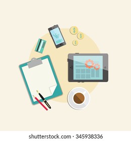Clipboard with paper, computer tablet, smartphone, credit card, cash, money, pen, pencil, coffee cup. View from above. Payment, planning, work flow concept. Modern vector illustration.