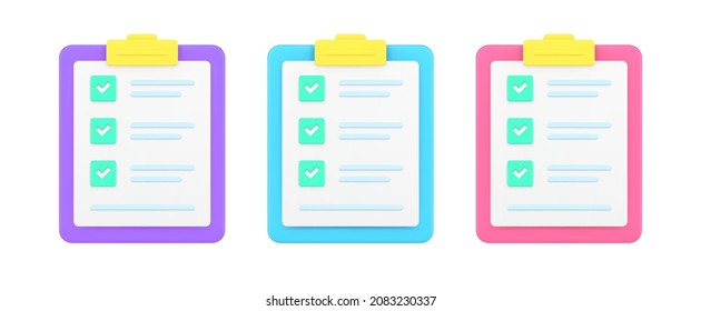Clipboard paper document for planning control business or questionnaire answering with done checkmarks 3d icon vector illustration. Collection multicolored reminder agenda to do list isolated