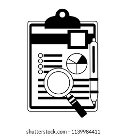 clipboard paper information graph magnifying glass and pen