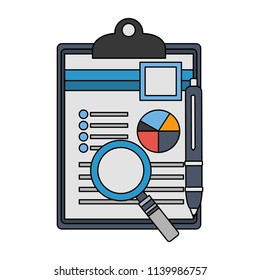 clipboard paper information graph magnifying glass and pen