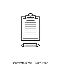 Clipboard with paper and a pencil. Hand drawn icon. Vector.