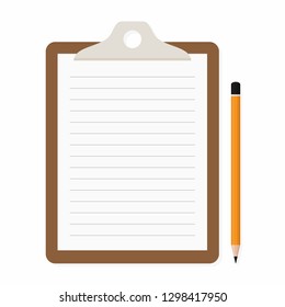 Clipboard with paper and pencil isolated on white background