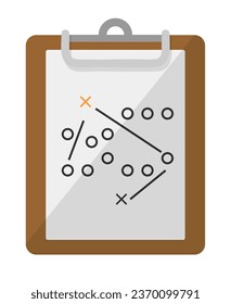 Clipboard with paper and plan, tactics and strategy for players of football or rugby. Isolated planning for team, sports activities and recreation, professional sportive event. Vector in flat style