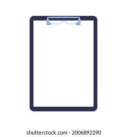 Zwischenablage mit Papierbogen, schwarz, und Zylinderclip einzeln auf weißem Hintergrund. Vertikale Tablette mit leerer Datei für Checkliste, Notizen, Fragebogen. Flaches Design Cartoon Stil Vektorgrafik.