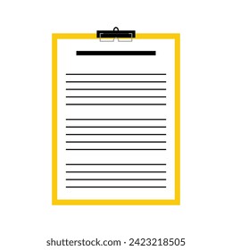 Clipboard with paper sheet isolated on white background. Vector illustration. Illustration of a simple yellow writing pad in a flat style. Stationery design elements
