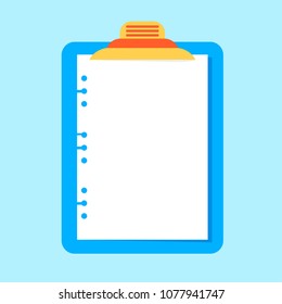 Clipboard with paper sheet. List, task list and schedule in the office, customer service. Flat vector cartoon illustration. Objects isolated on white background.