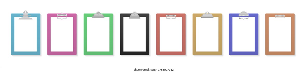 Clipboard and paper sheet page. Empty clipboard with blank white paper sheet for mockup. Notepad information board. Business board with clip. Free space for text. Vector illustration in flat design.