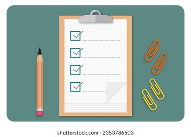 Clipboard with paper sheet, paperclip, and pencil illustration. Checklist form vector illustration.