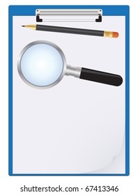 Clipboard with paper sheet, pencil and magnifier