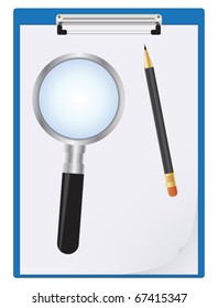 Clipboard, paper sheet, pencil and magnifier