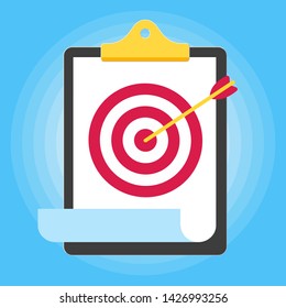 Clipboard and paper sheet with target symbol on it flat style design vector illustration isolated on light blue background. Concept of achievments in business.