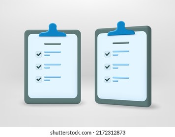 Clipboard with paper survey. 3d vector set