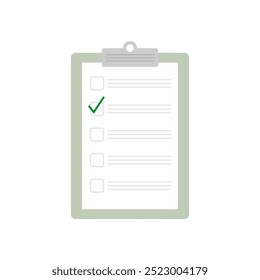 Clipboard with a  paper for taking notes, writing, planning. Top view of a document on white background. Checklist on clipboard marking checkmark on paper checklist. Filling questionnaire, survey form