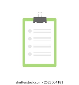 Clipboard with a  paper for taking notes, writing, planning. Top view of a document on white background. Checklist on clipboard marking checkmark on paper checklist. Filling questionnaire, survey form