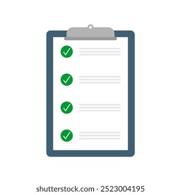 Clipboard with a  paper for taking notes, writing, planning. Top view of a document on white background. Checklist on clipboard marking checkmark on paper checklist. Filling questionnaire, survey form