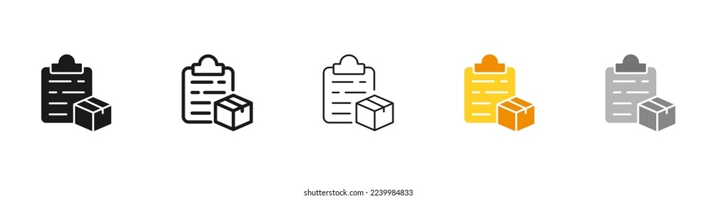Clipboard with Parcel line icon. Map, label, route, mail, courier, globe, world, box, sending, reliability, work, security, income, employee. Trucking concept. Vector five icon in different style
