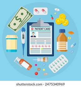 Clipboard with patient card. Thermometer, pills, capsules, tablets. Healthcare, hospital and medical diagnostics concept. vector illustration in flat style