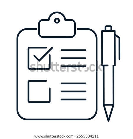 Clipboard, pen, check mark. Voting, test concept. Vector linear icon isolated on white background.