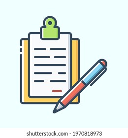 Clipboard with pen colored icon. Vector stylish flat illustrations on light blue background.