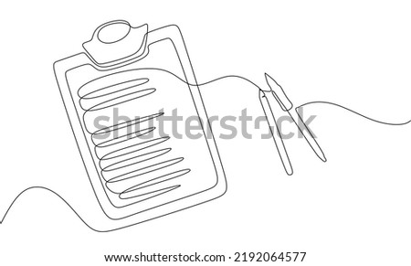 Clipboard with pen. Continuous line one drawing. Vector illustration. Simple line illustration.