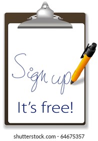 Clipboard and pen icon invites guests to click link and sign up for free to join your website, add text and graphics in background copy space.