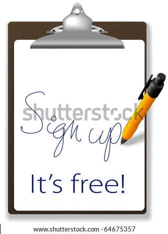 Clipboard and pen icon invites guests to click link and sign up for free to join your website, add text and graphics in background copy space.