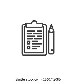 Clipboard with pen line icon. linear style sign for mobile concept and web design. Checklist, clipboard outline vector icon. Symbol, logo illustration. Vector graphics