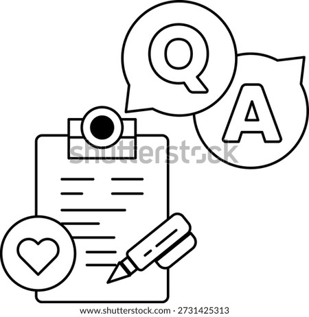 A clipboard with a pen on it and a question mark and a letter A above it. The clipboard is open to a blank page