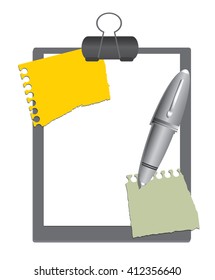 Clipboard pen with pieces of paper  on white background
