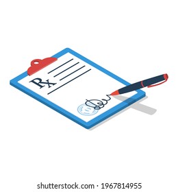 Clipboard With A Pen. Rx Prescription Form. Doctor Writing Prescription. Medical Prescription Pad. Vector Illustration Isometric 3d Design Style. Medical Background, Template.