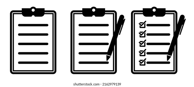 Clipboard with pen vector icon set. Outline vector icons. Checklist with pen vector icon.