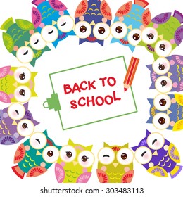 clipboard with pencil, back to school, Funny bright colorful owls on white background. card template. Vector
