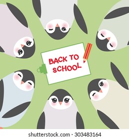 clipboard with pencil, back to school, Funny penguins on green background card template. Vector