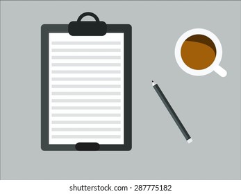 Clipboard, pencil and a cup of coffee