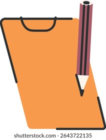 A clipboard with a pencil drawn in a flat style. The pencil is positioned diagonally on the clipboard surface. Cartoon vector illustration.